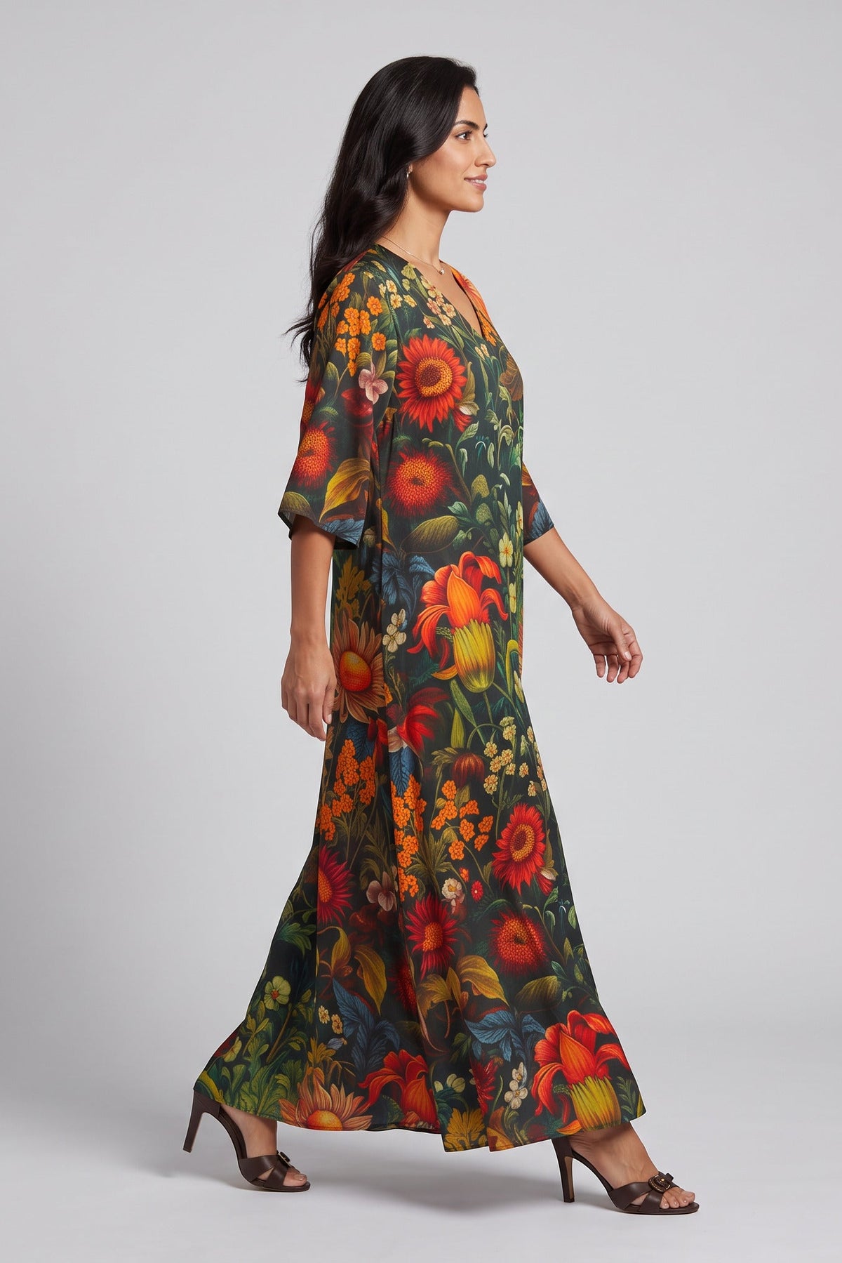 Black Floral Garden Print V -Neck Twill Satin Kaftan