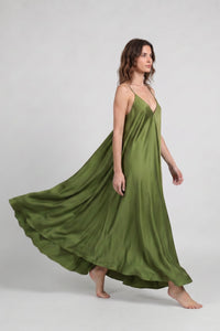 Olive satin maxi dress with V-neck, spaghetti straps, and A-line silhouette