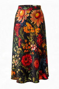Black Floral Garden Twill Satin A Line Midi Jigsaw Skirt
