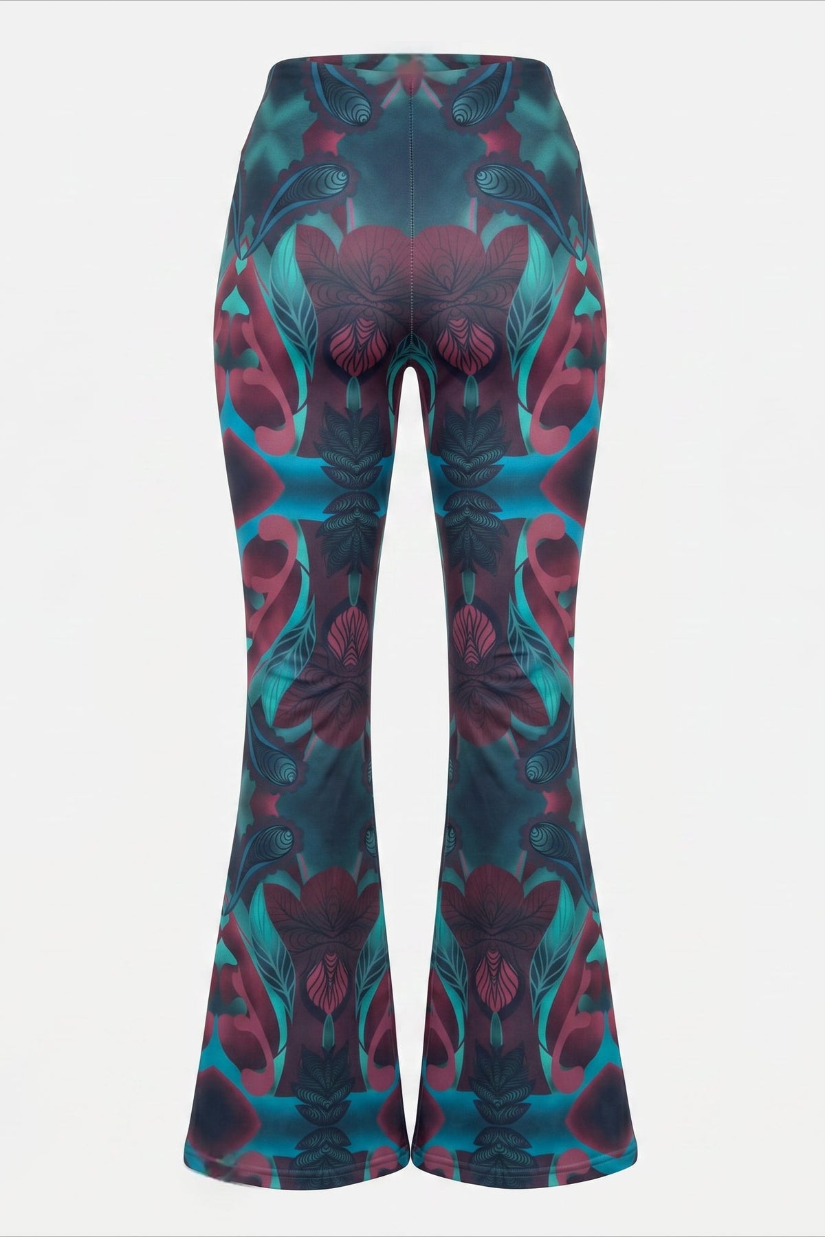 Green and burgundy paisley print mid rise flare trousers with a pull on closure