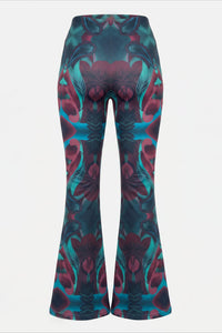 Green and burgundy paisley print mid rise flare trousers with a pull on closure