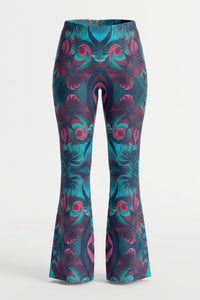Green and burgundy paisley print mid rise flare trousers with a pull on closure