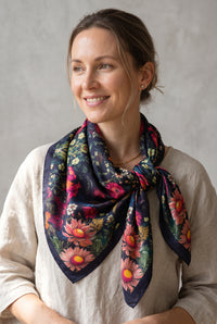 Black Floral Garden Satin Twill Scarf