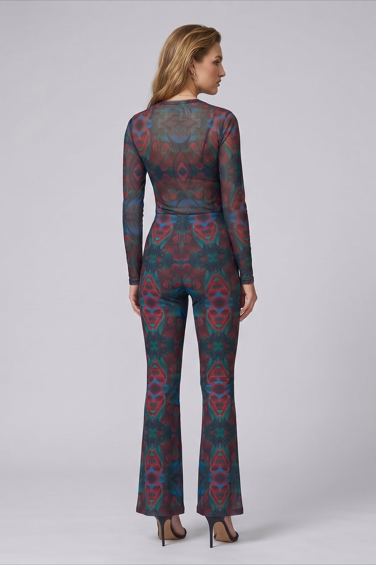 Autumn paisley print high-waisted flared trousers with retro-inspired wide leg