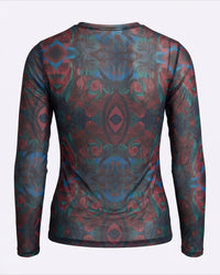Burgundy and teal paisley mesh long sleeve top, fitted silhouette with round neckline