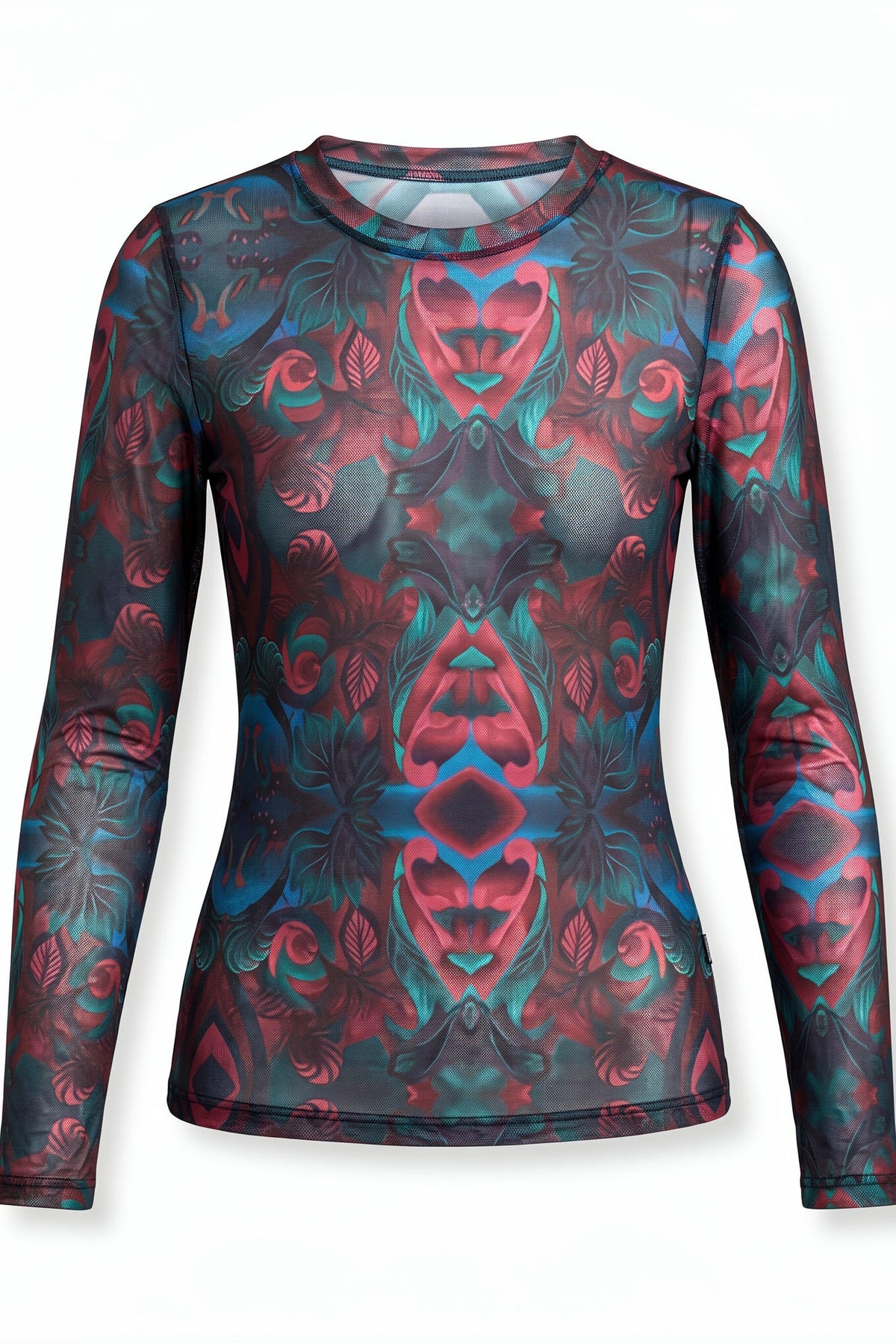 Burgundy and teal paisley mesh long sleeve top, fitted silhouette with round neckline