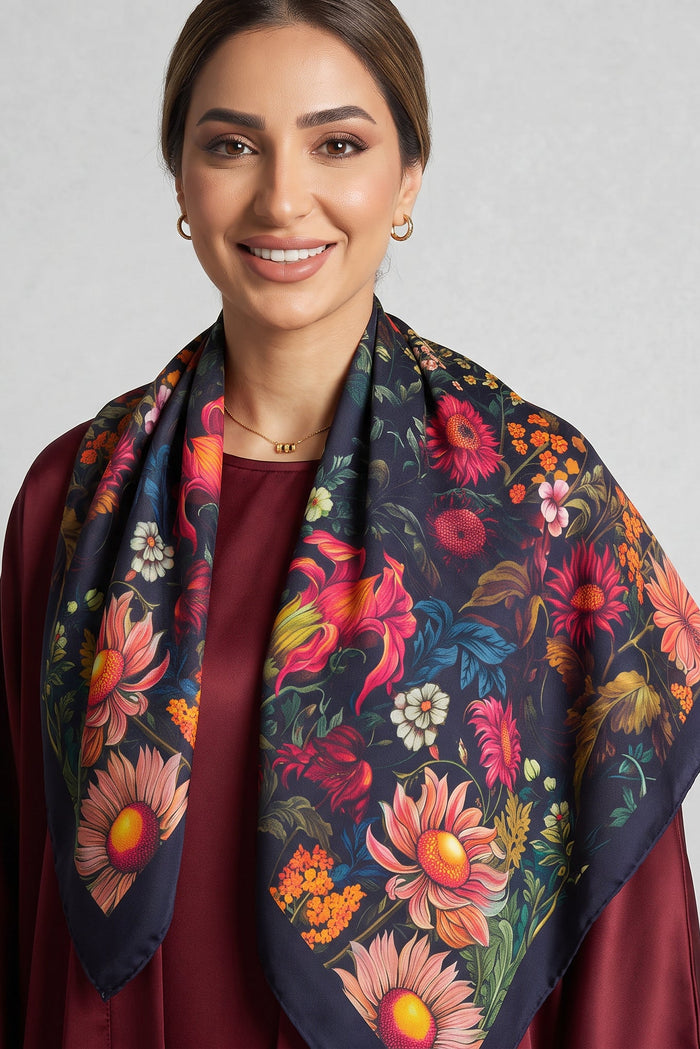 Black Floral Garden Satin Twill Scarf